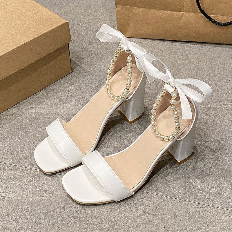Summer New Pearl Bow Buckle Open Toe Chunky Heel All-match Sandals White - D&A