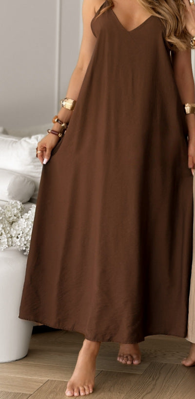 Solid Color And V-neck Sling CasualDress Dark Brown - D&A