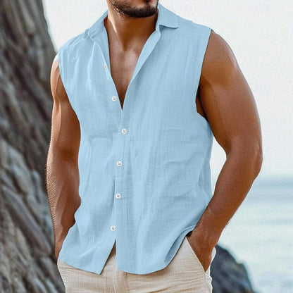 Cotton Linen Lapel Thin Simple Shirt Vest Blue - D&A