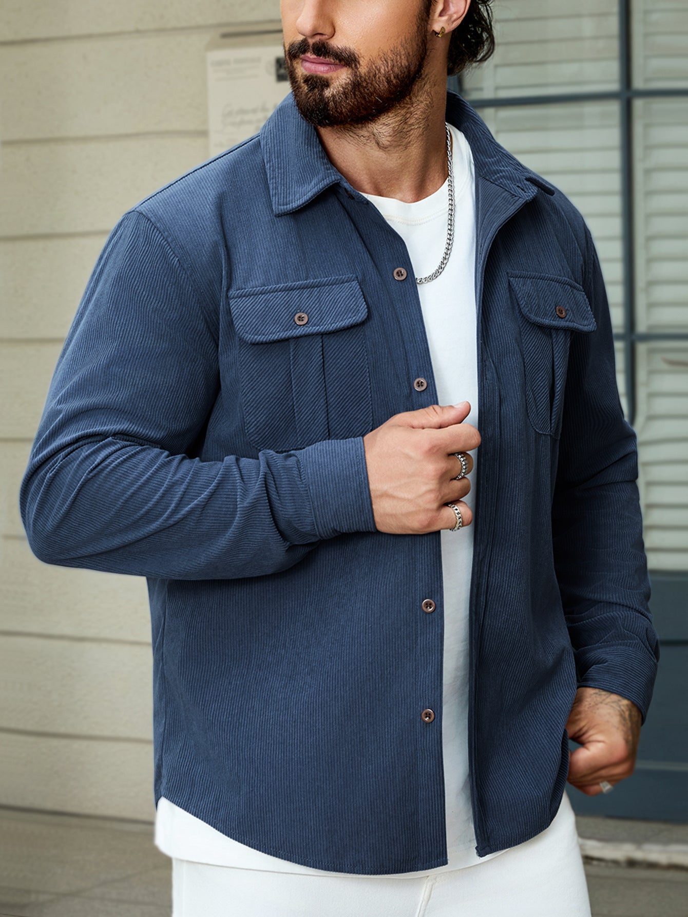 Corduroy Tooling Thick Long Sleeves Coat Shirt Outdoor Casual Retro Navy Blue - D&A