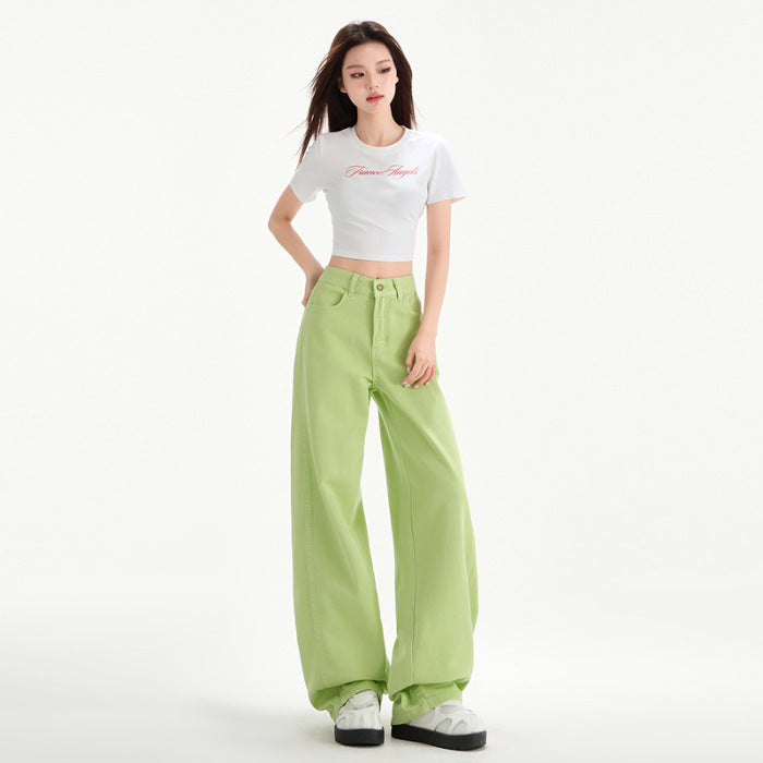 Cherry Blossom Wide Leg Draping Mop Jeans Apple Green Trousers - D&A