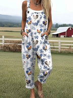Women's Summer Digital Printing Button Casual Suspender Trousers