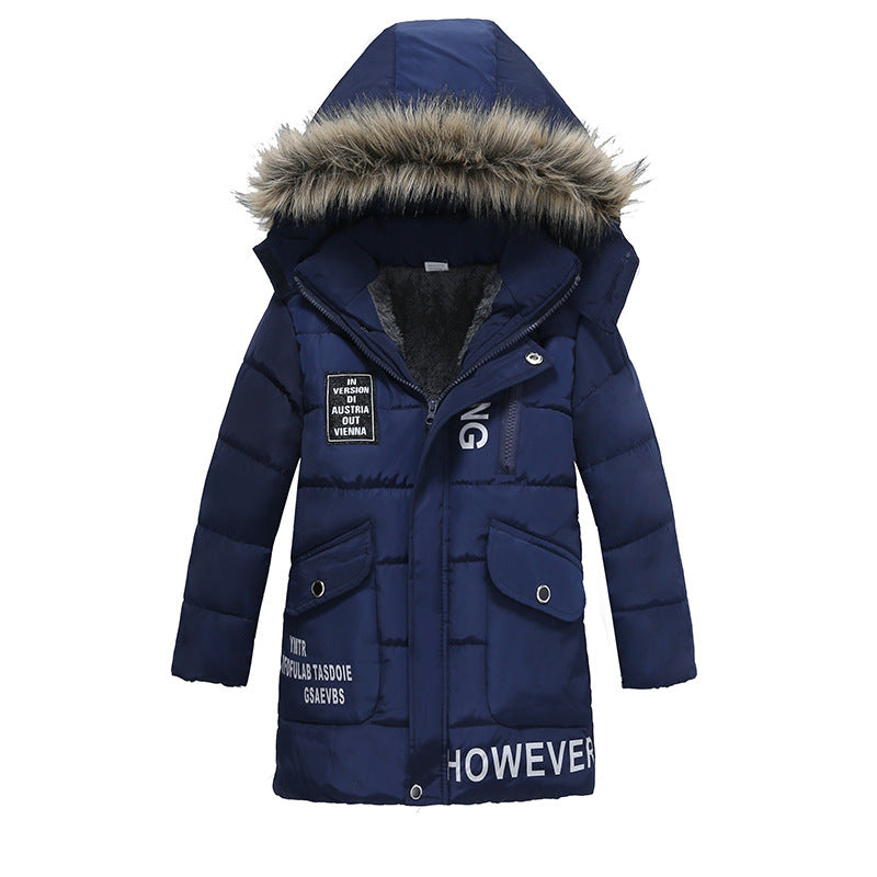 Boys Large Fur Collar Padded Warm Cotton Jacket Dark Blue - D&A