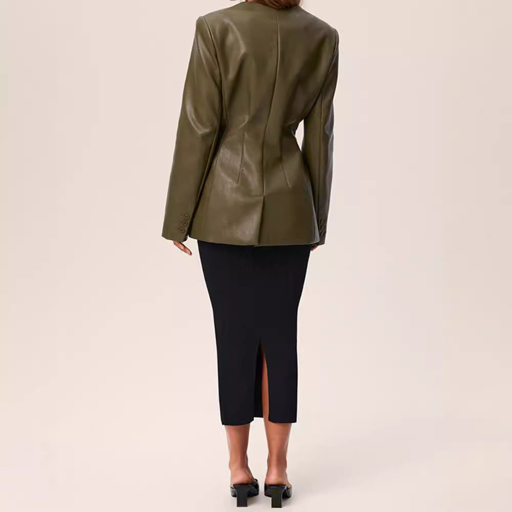 Fashionable Elegant Green V-neck Slim Suit Leather Coat - D&A
