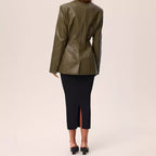 Fashionable Elegant Green V-neck Slim Suit Leather Coat - D&A