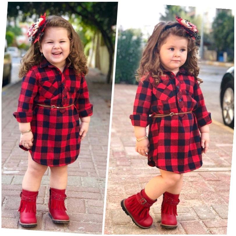 Fashion Girls Long Red Plaid Dress With Belt - D&A