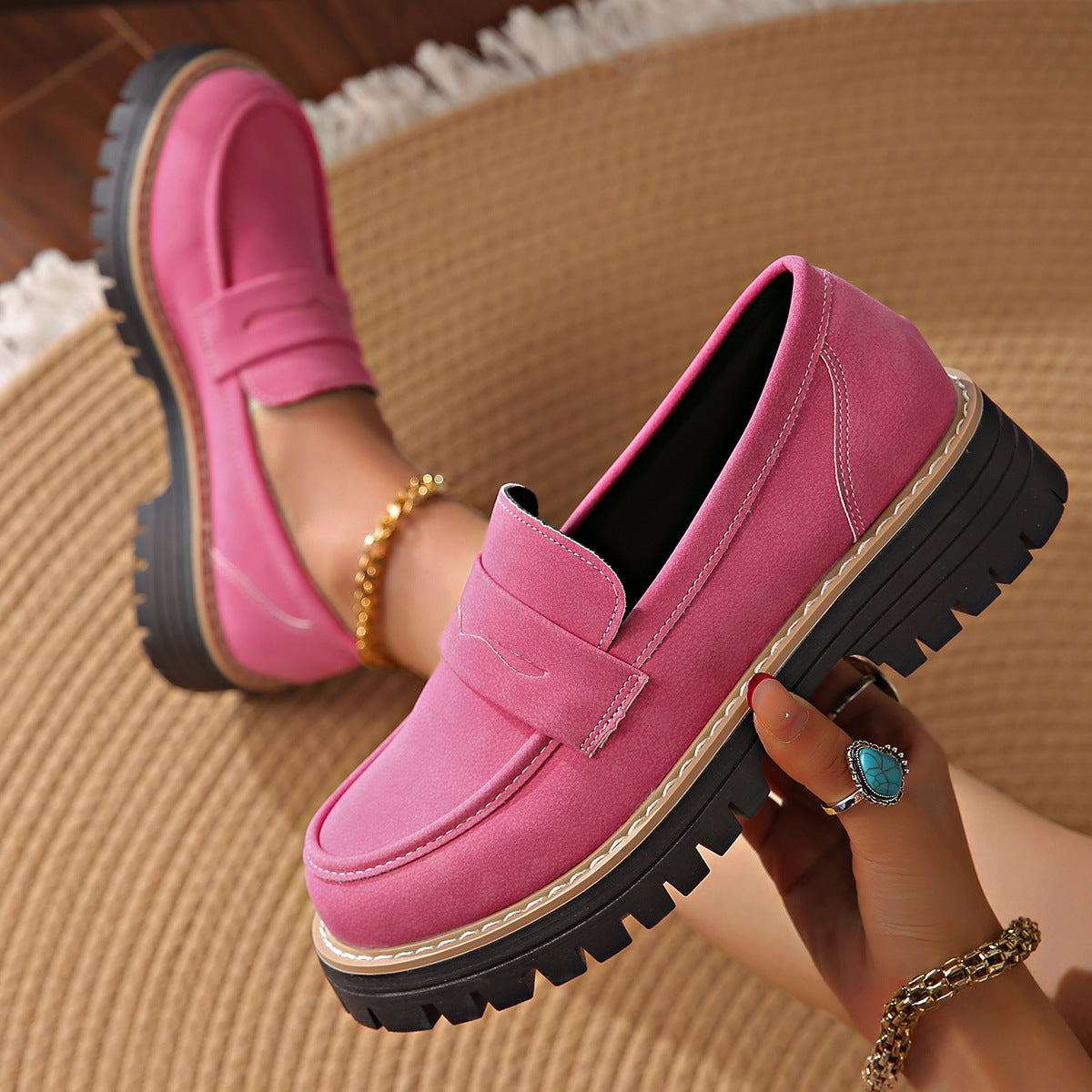 Women's Retro Solid Color Plus Size Casual Platform Shoes Pink - D&A