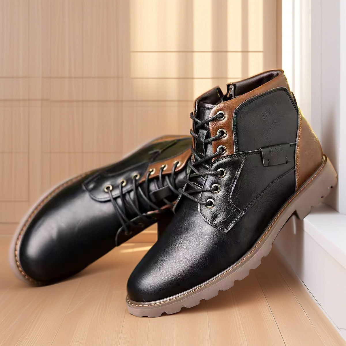 Male Martin Boots Leisure Plus Size Zip Ankle Boots Black - D&A