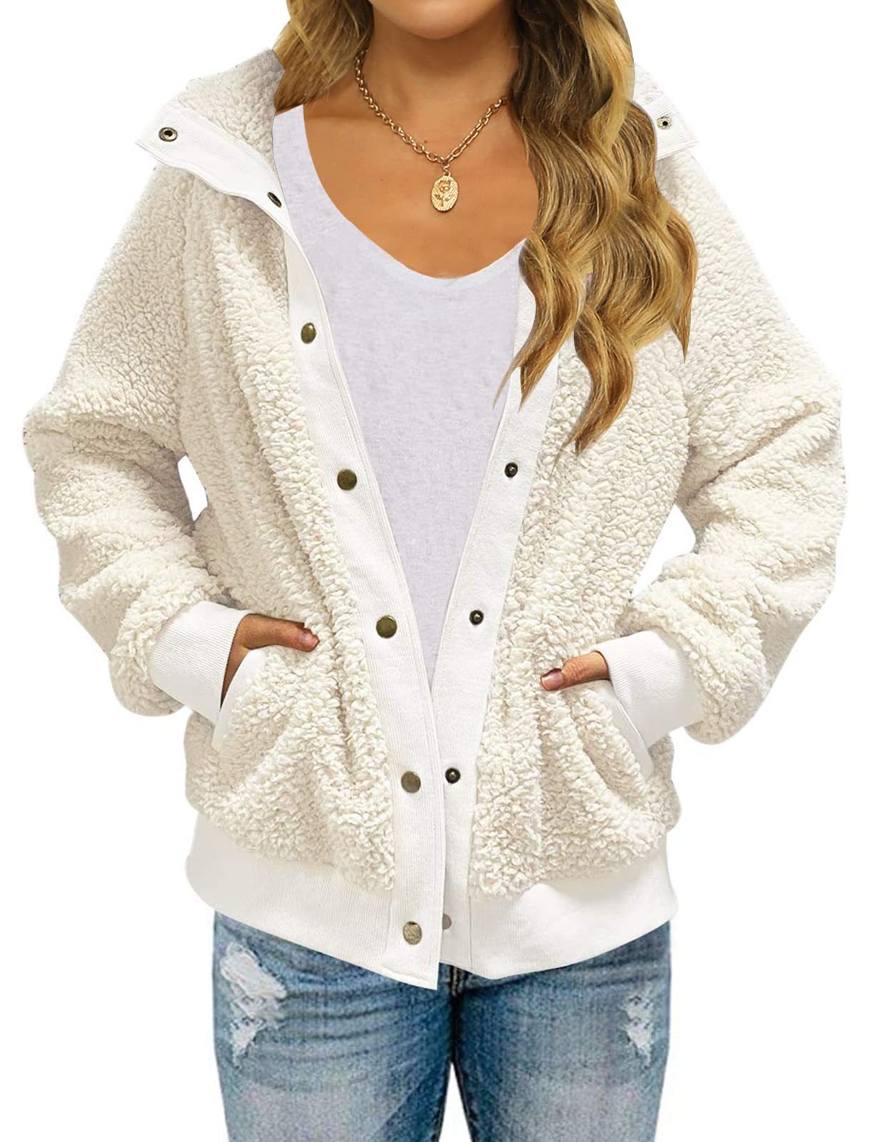 Winter Long Sleeve Button Sherpa Jacket Coat Pockets - D&A
