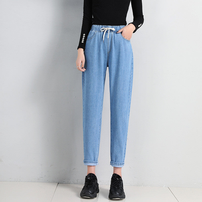 Korean Style Women's Straight Casual Elastic Waist Tied High Waist Student Jeans Light Blue - D&A