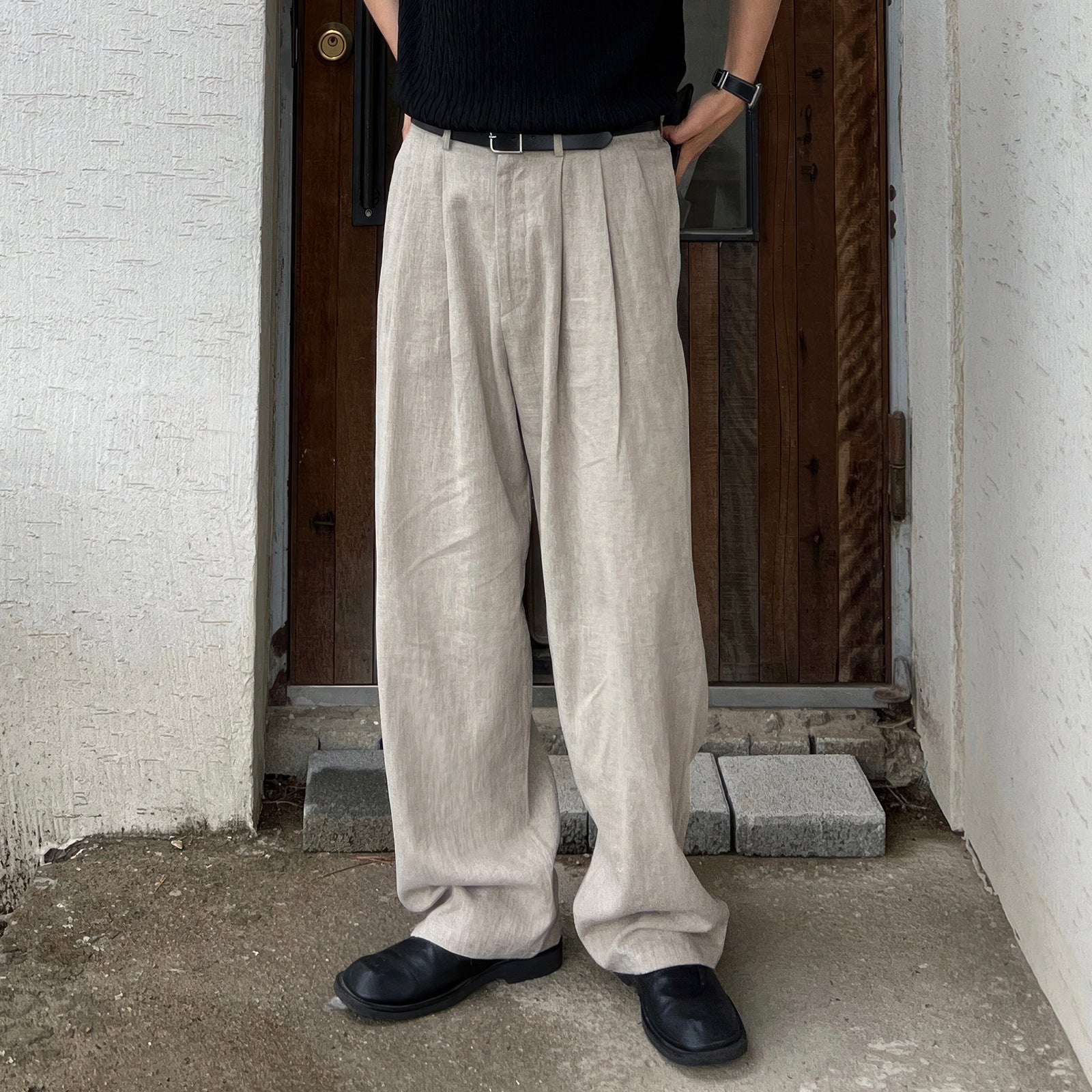 Army Green Linen Leisure Trousers Men's Japanese Apricot - D&A