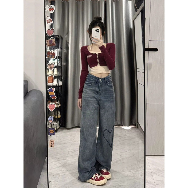 Love Embroidered Wide-leg Simple Casual Jeans - D&A