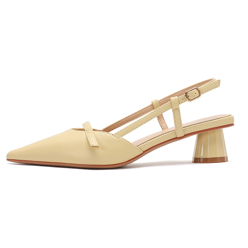 Women's Chunky Heel Low Heel Pointed Leather Stitching Fashion Sandals Lemon Yellow - D&A