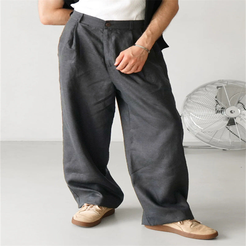 Men's Loose Linen Pleated High Waist Jogger Pants Breathable Daily Casual Pants Gray - D&A