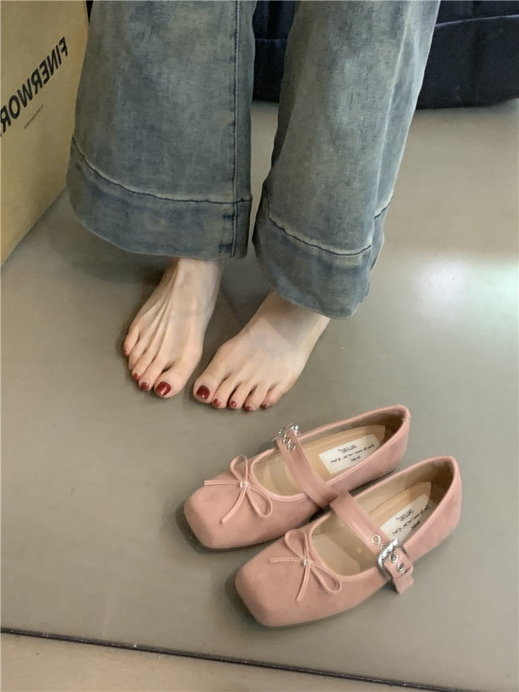 Flat Bow Ballet Silver Belt Buckle Shoes Pink - D&A