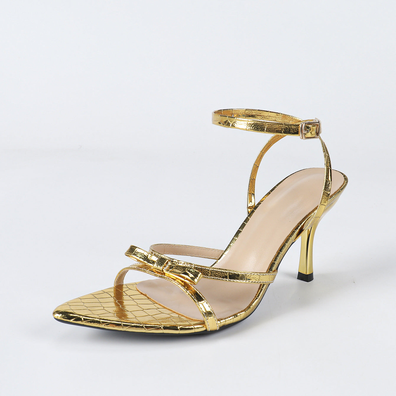 Women's Pointed Stone Pattern Three-dimensional Bow Stiletto Heel Sandals - D&A