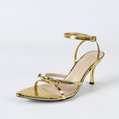 Women's Pointed Stone Pattern Three-dimensional Bow Stiletto Heel Sandals - D&A