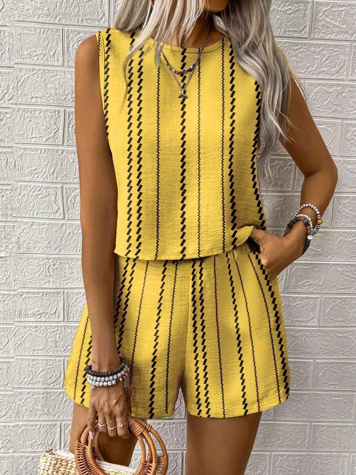 Casual Craft Stripe Printing Sleeveless Tank Top Shorts Suit