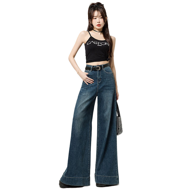 Dark Blue Narrow Version Korean Simple High Waist Loose Small Mop Wide Leg Pants - D&A