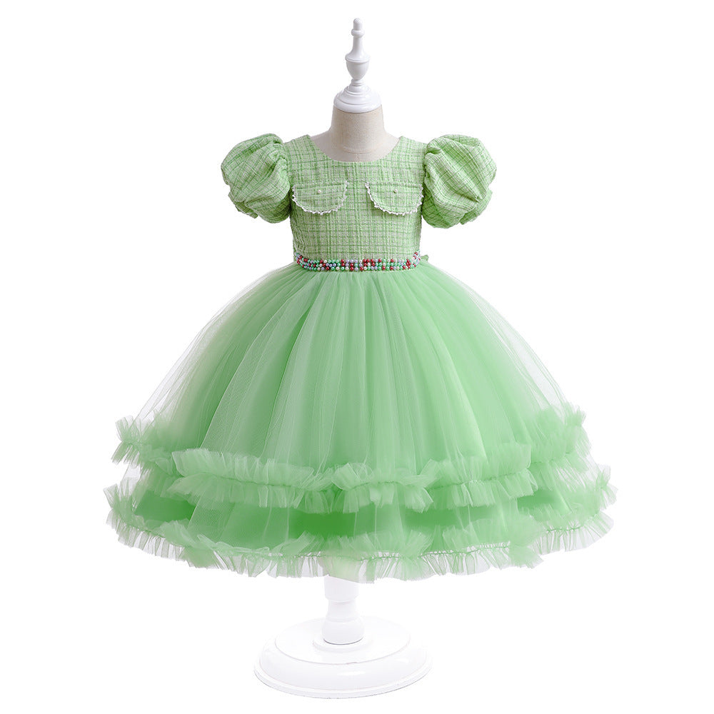 Girls' Fashion Halloween Mesh Stitching Puff Sleeve Dress Green - D&A
