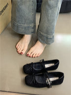 Flat Bow Ballet Silver Belt Buckle Shoes Black - D&A