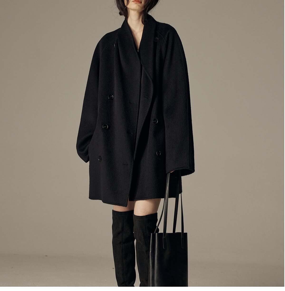 Elegant Winter Double-sided Wool Women's Coat Black - D&A