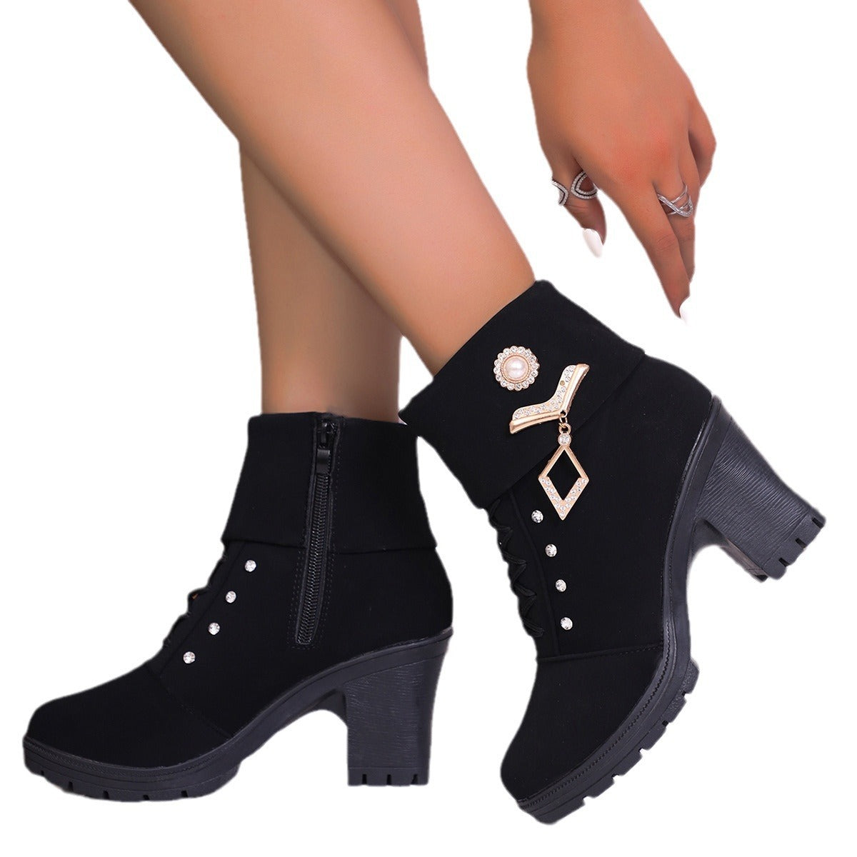 Plus Size Martin Boots Rhinestone High-heeled Cotton Boots - D&A