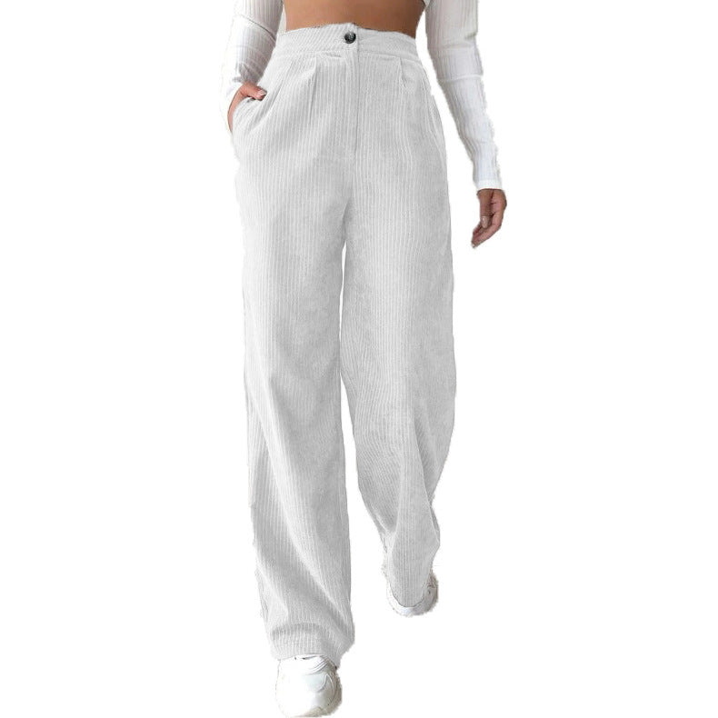 Women's High Waist Casual Pants Solid Color Corduroy Baggy Straight Trousers White - D&A