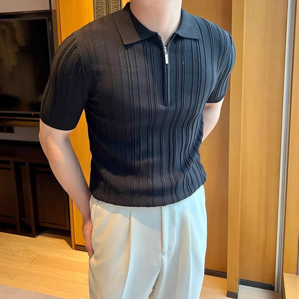 Casual Zipper Short Sleeve Men's Retro Elegant Jacquard Lapel - D&A