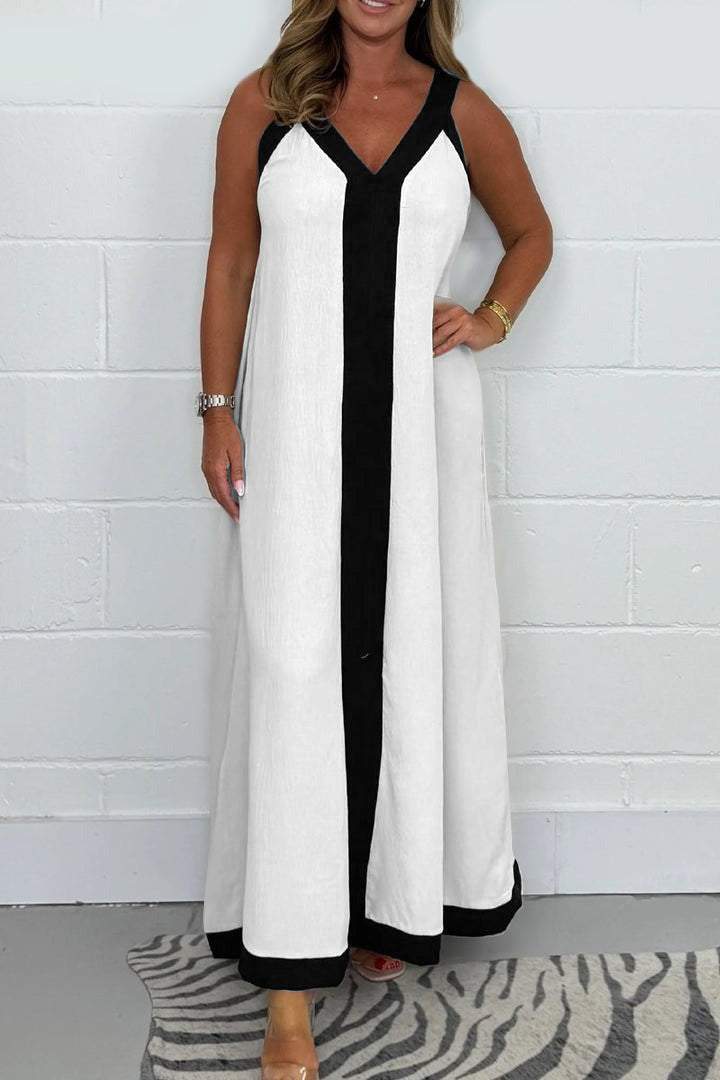 Casual Loose Contrast Color V-neck Sleeveless Long Dress White - D&A