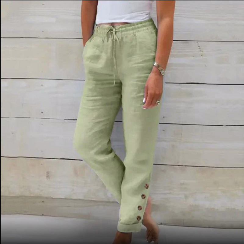 Autumn Solid Color Cotton Linen Straight Casual Button Trousers For Women Light Green - D&A