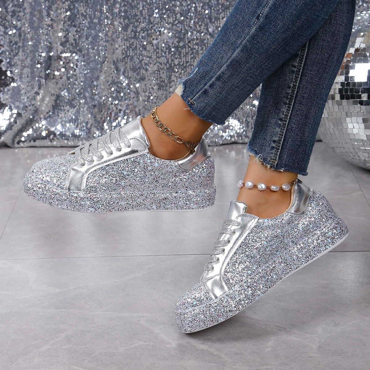 Plus Size Sequins Casual Fashion Shoes Women Front Lace Up Sneaker Women - D&A