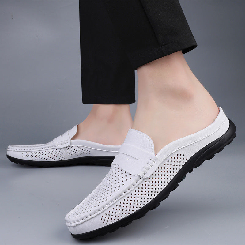 Casual Hollow Leather Shoes Breathable Half Slippers White - D&A