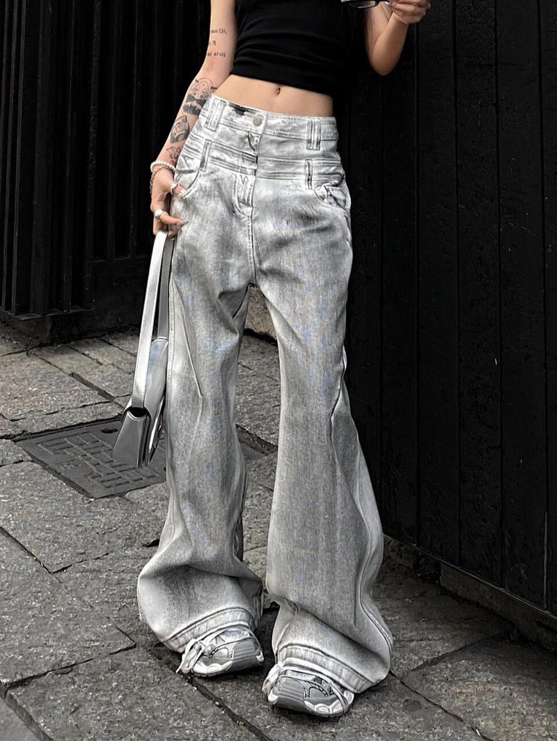 Women's Retro Straight Jeans With Old And Dirty Design Gray White - D&A