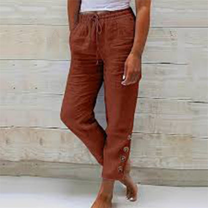 Autumn Solid Color Cotton Linen Straight Casual Button Trousers For Women Brick Red - D&A