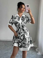 Simplicity Waist-controlled Printed Lace Up Short Sleeve Dress