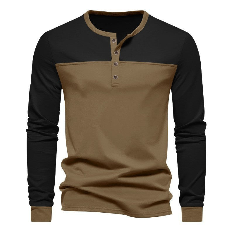 Retro Trendy Long-sleeve Color Matching Henry Collar Bottoming Shirt Casual T-shirt Black Brown - D&A