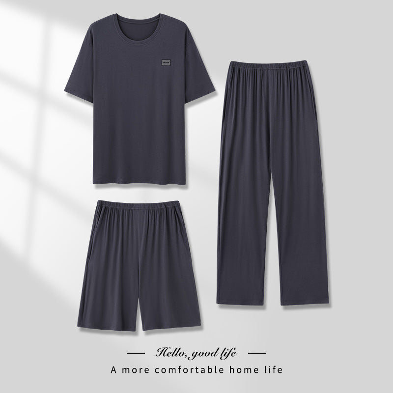 Men's Pajamas Thin Spring And Summer Modal Short-sleeved Trousers Three-piece Home Wear Suit QK1689 - D&A