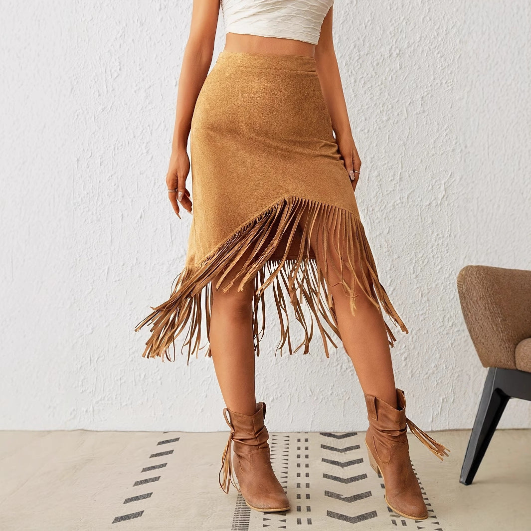 Women's Tassel Edge Asymmetrical Hem Solid Color Skirt - D&A