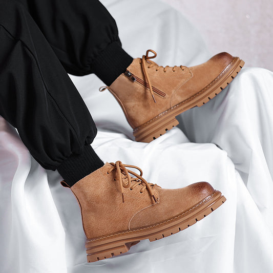 High-top Leather Shoes Leather Zipper Short Boots - D&A