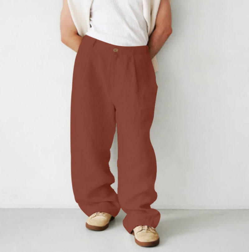 Men's Loose Linen Pleated High Waist Jogger Pants Breathable Daily Casual Pants Brown - D&A