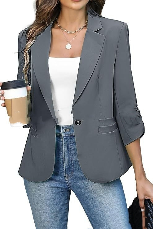 Solid Color Lightweight Slim Suit Jacket Dark Gray - D&A