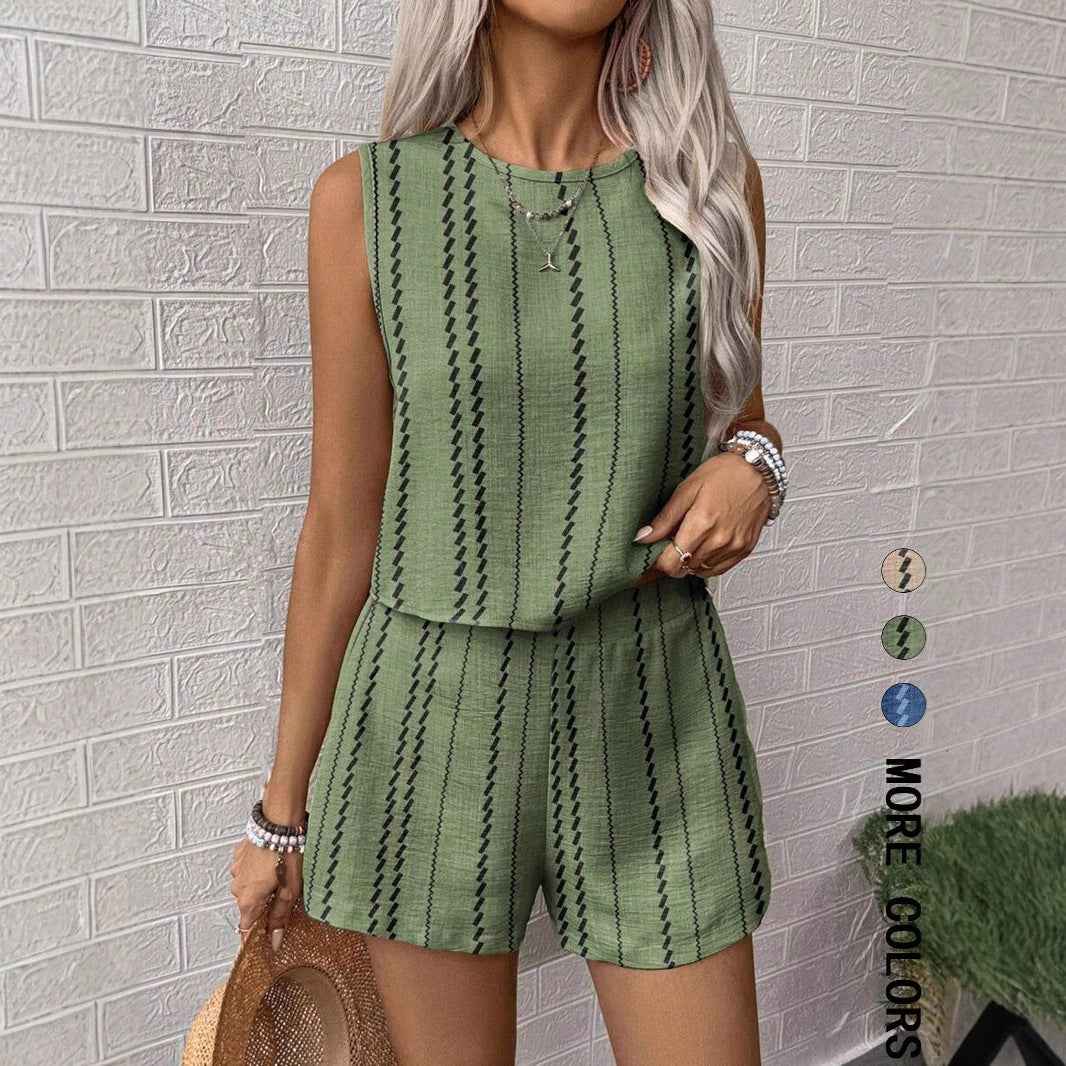 Casual Craft Stripe Printing Sleeveless Tank Top Shorts Suit
