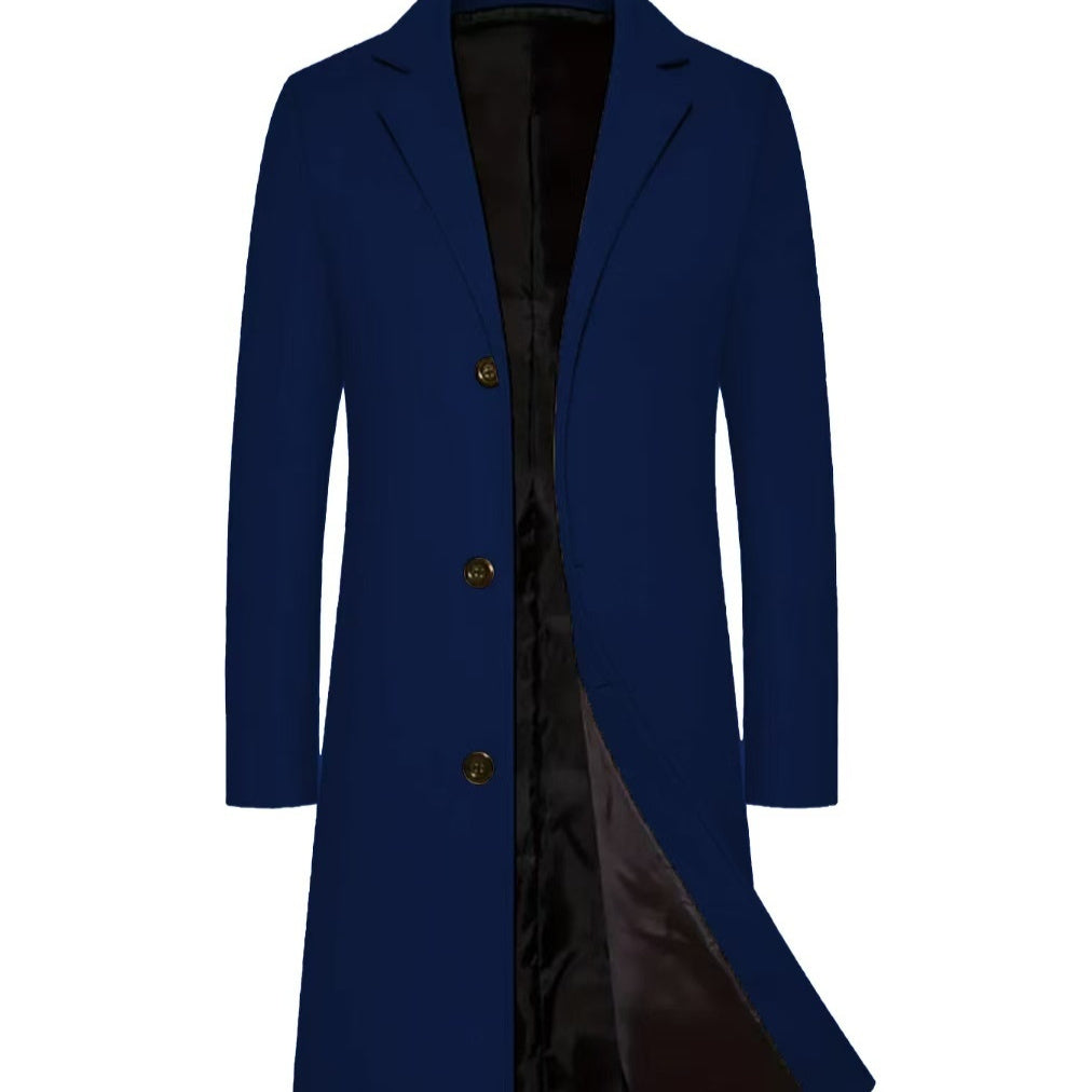 Men's Casual Extended Above The Knee Woolen Trench Coat Navy Blue - D&A