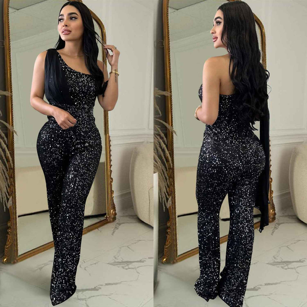 Women's Solid Color Sleeveless One-shoulder Sequined Trousers Jumpsuit