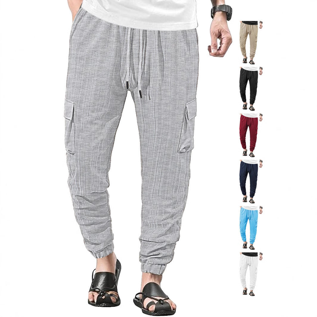 Loose Breathable Micro Elastic Lace-up Imitation Linen Plaid Men's Casual Pants Overalls - D&A