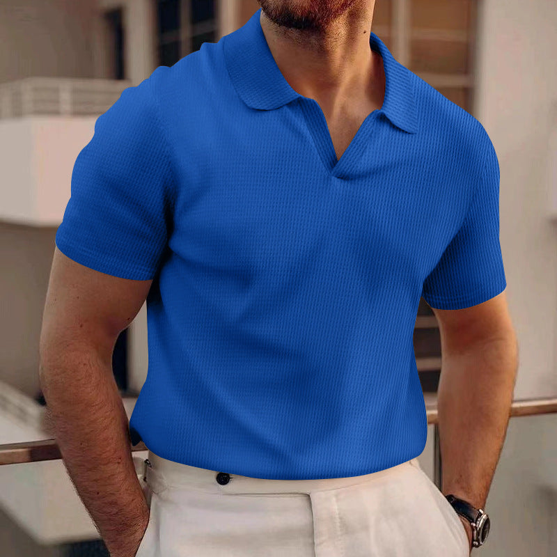 Men's Summer Lapels T-shirt Heavy Waffle Blue - D&A