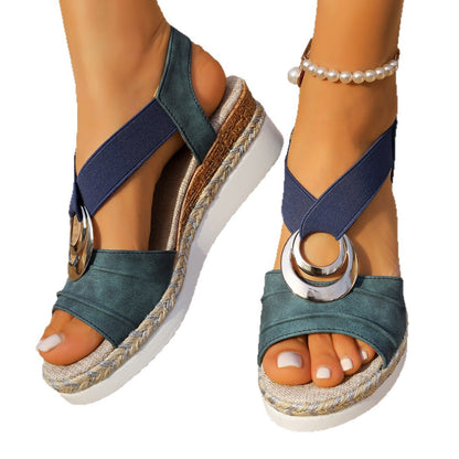 Plus Size Women's Metal Buckle Decorative Hemp Rope Wedge Light Bottom Peep Toe Sandals - D&A