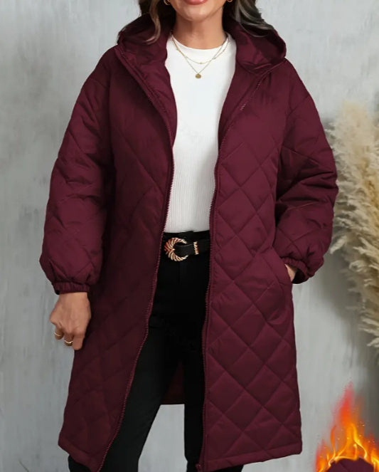 Elegant Hooded Zipper Cotton Jacket For Women Wine Red - D&A