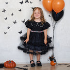 Girls' Fashion Halloween Mesh Stitching Puff Sleeve Dress Black - D&A